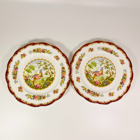 Set of 2 Royal Albert maroon Chelsea Bird 8" side plates - Picture 1 of 4